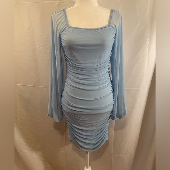 Bodycon Ruched Dress With Lantern Sleeves Light Blue Size S - Picture 1 of 13